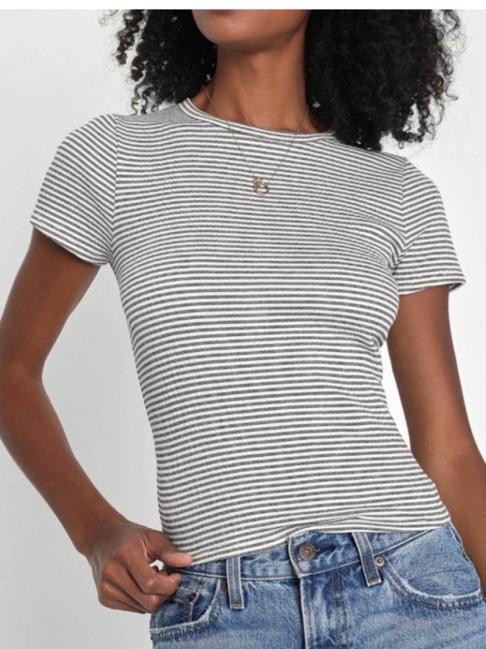 Lulus Black White Striped ribbed Short Sleeve Top tee babydoll small shirt Sml